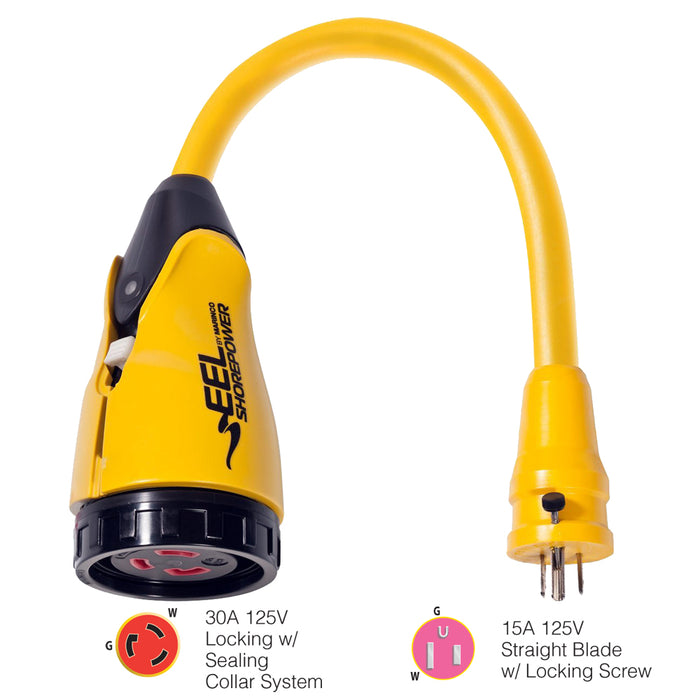 Marinco P15-30 EEL 30A-125V Female to 15A-125V Male Pigtail Adapter - Yellow [P15-30]-North Shore Sailing